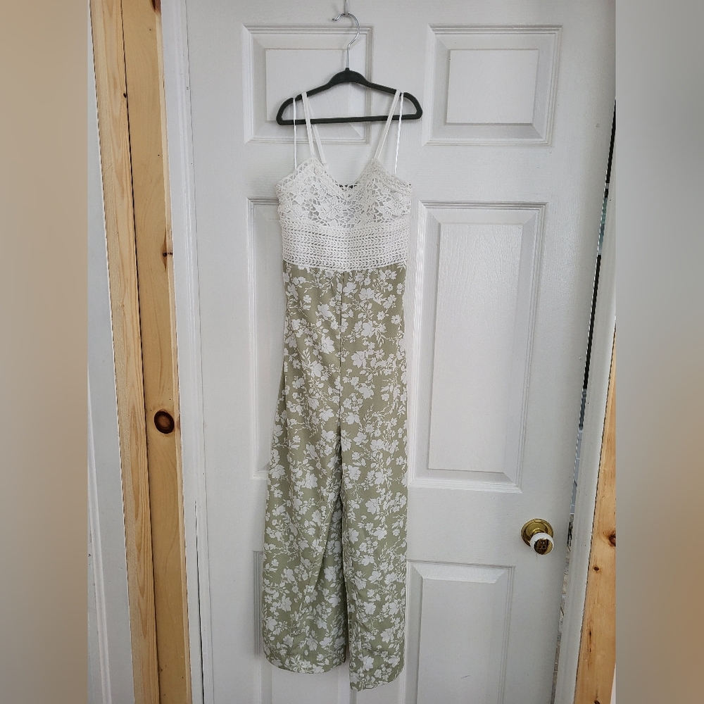 White Crochet Bodice Sage Floral Jumpsuit for Kids